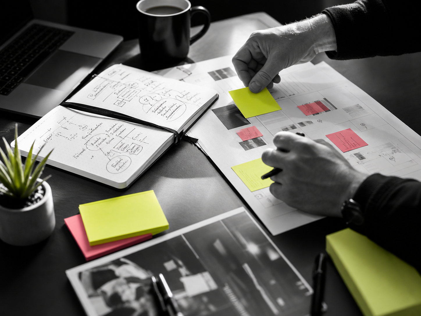 Close-up of practical business planning notes with Buzz colour highlights