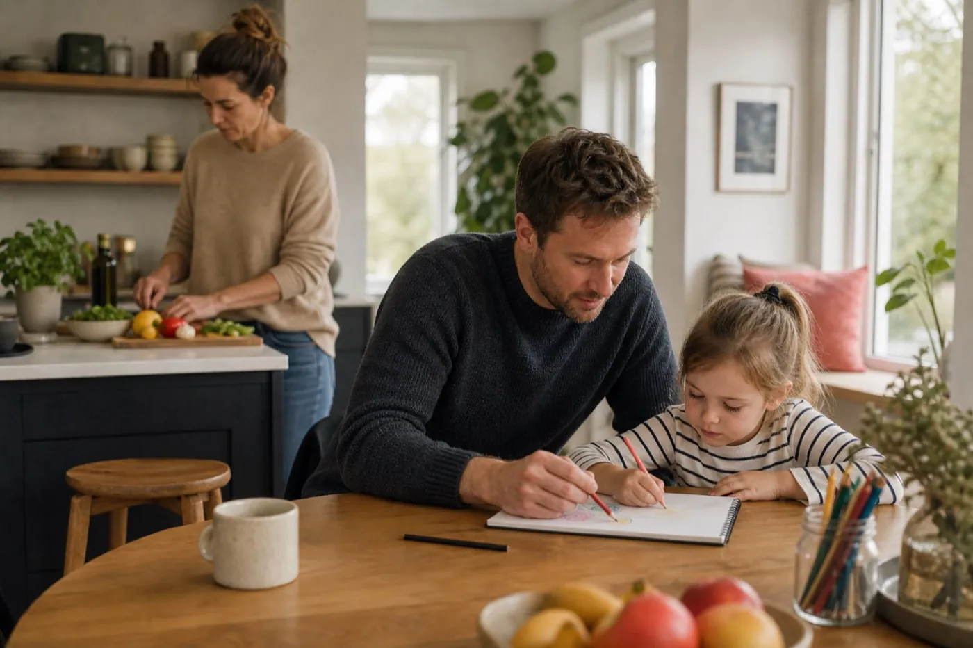 Family at home working through plans together at the kitchen table