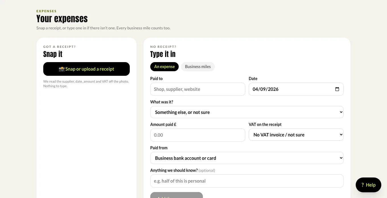 Expenses: snap a receipt or type one in; mileage at HMRC rates.