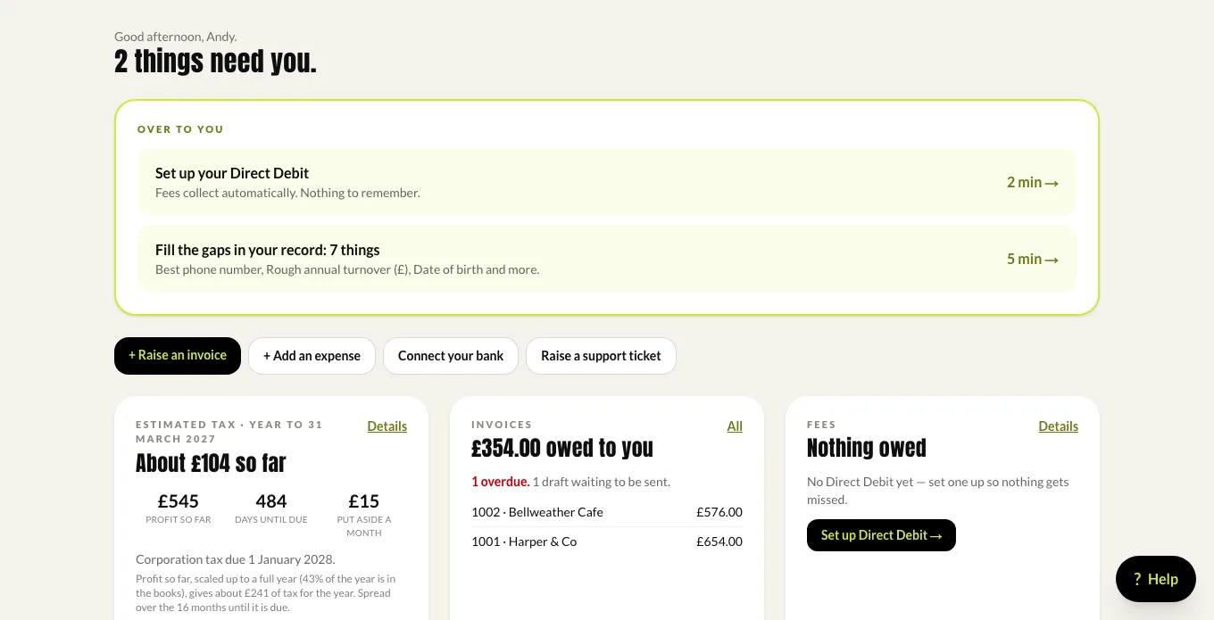 The portal home: two things that need you, then the tax estimate, invoices and fees.