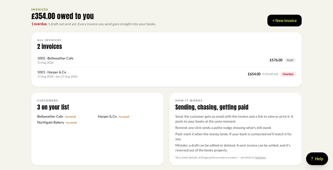 Invoices: what is owed, what is overdue, and the customers on your list.