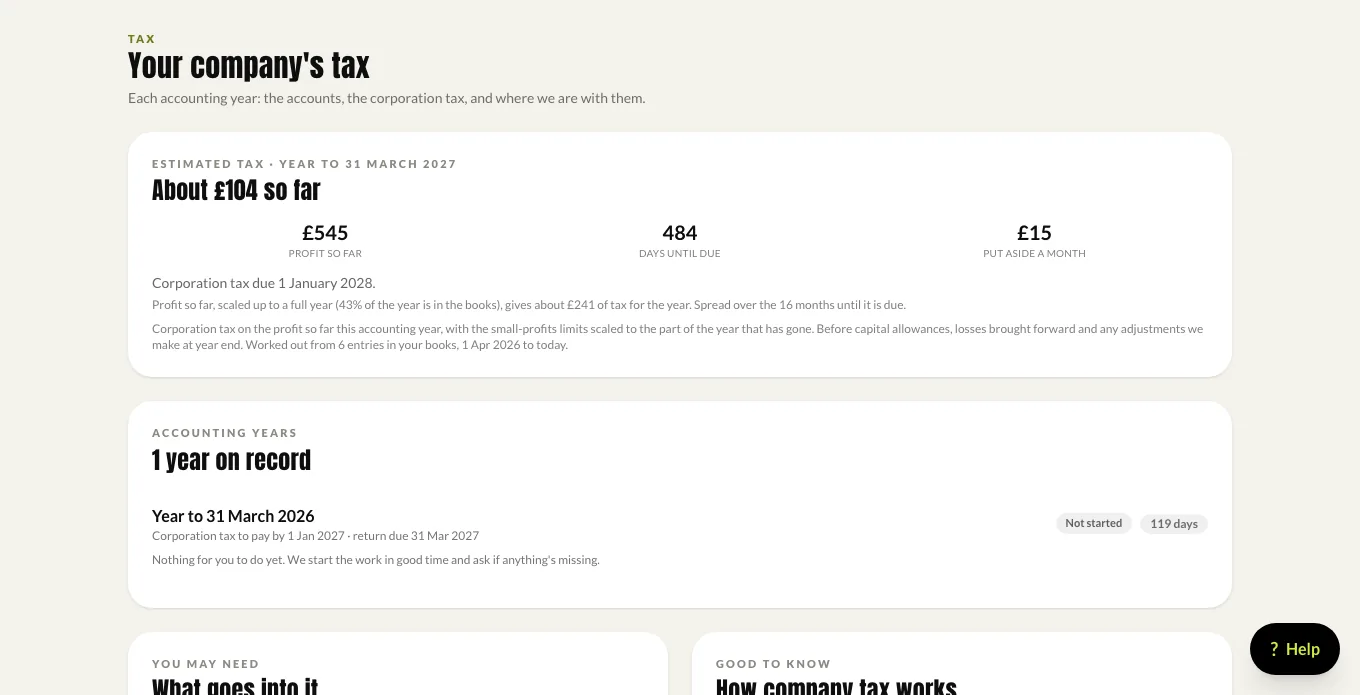 Tax: the estimate so far, days until it is due, and a monthly amount to set aside.