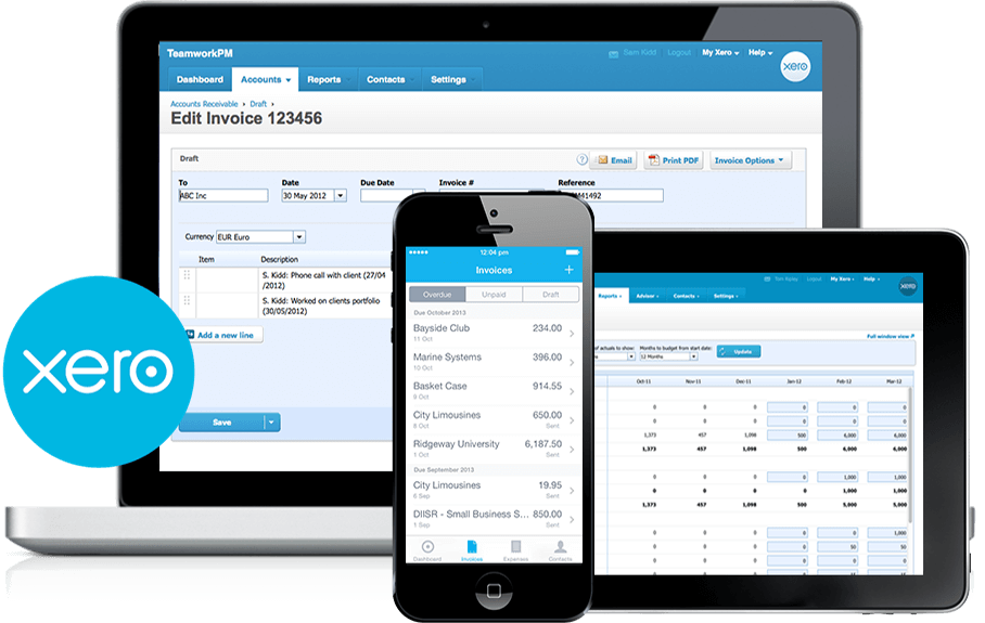 Xero invoicing and reporting shown across laptop, phone and tablet