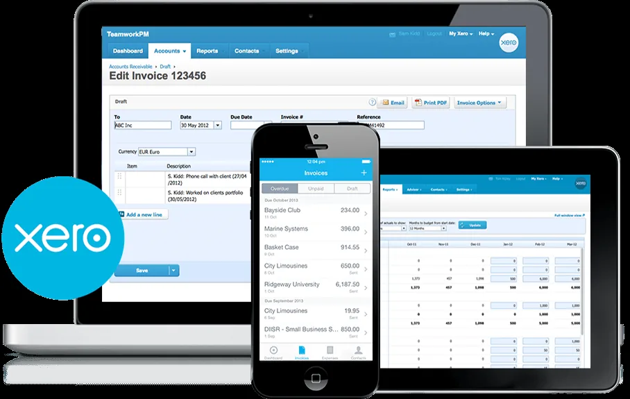 Xero invoicing and reporting shown across laptop, phone and tablet